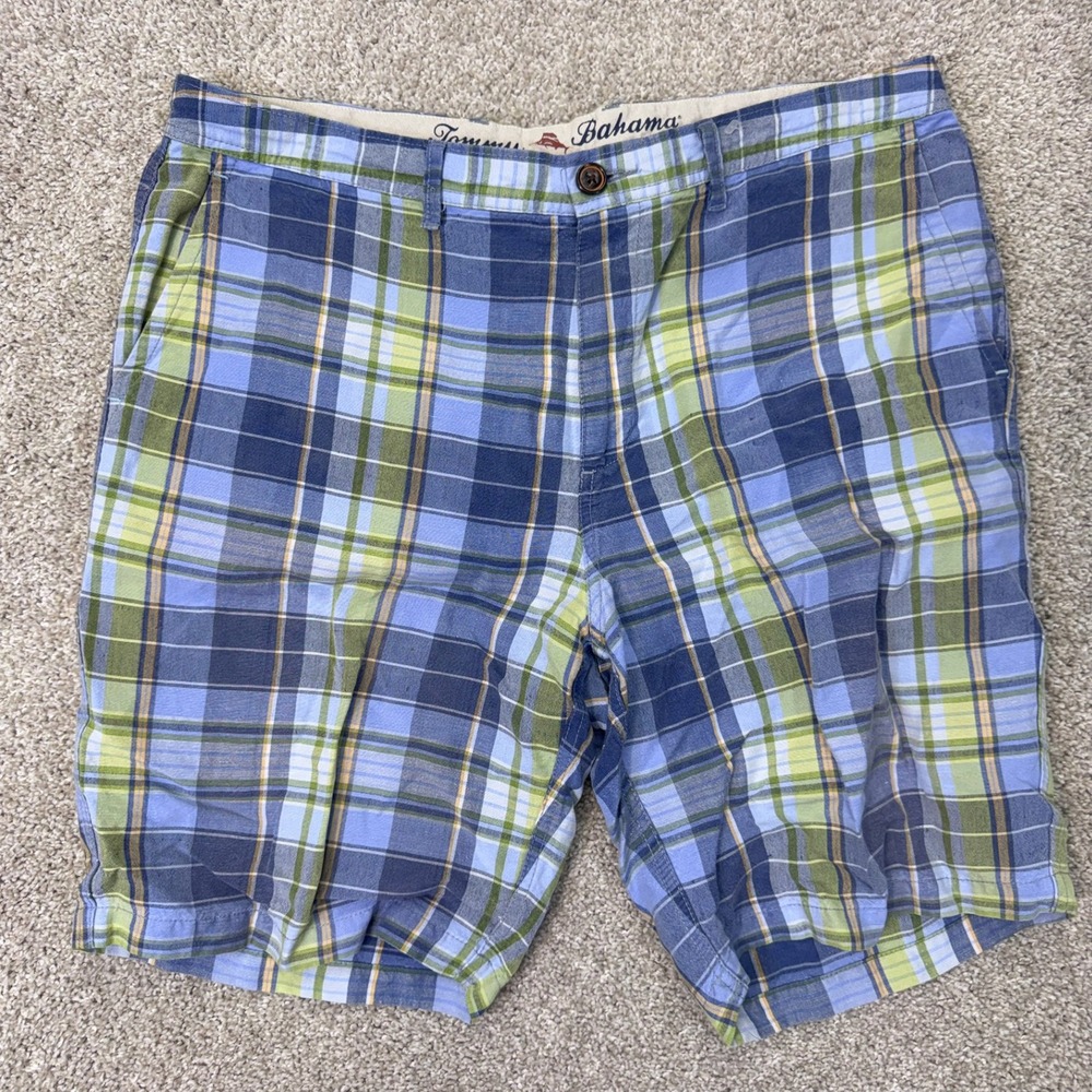 Tommy Bahama Linen Shorts Mens 36 Plaid Blue Green Flat Front EUC